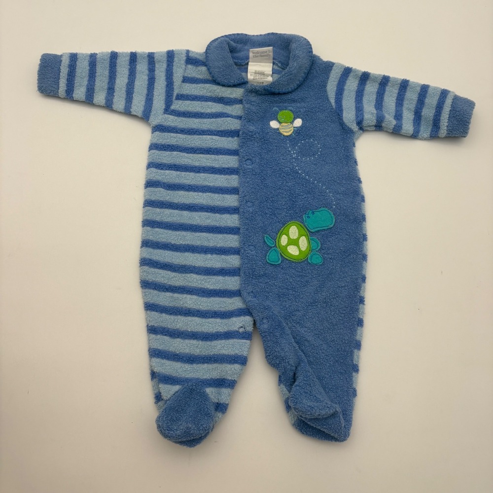 Carters Baby Blue Striped Turtle Bee Footed Sleeper Romper 0-3M Snap Front Terry